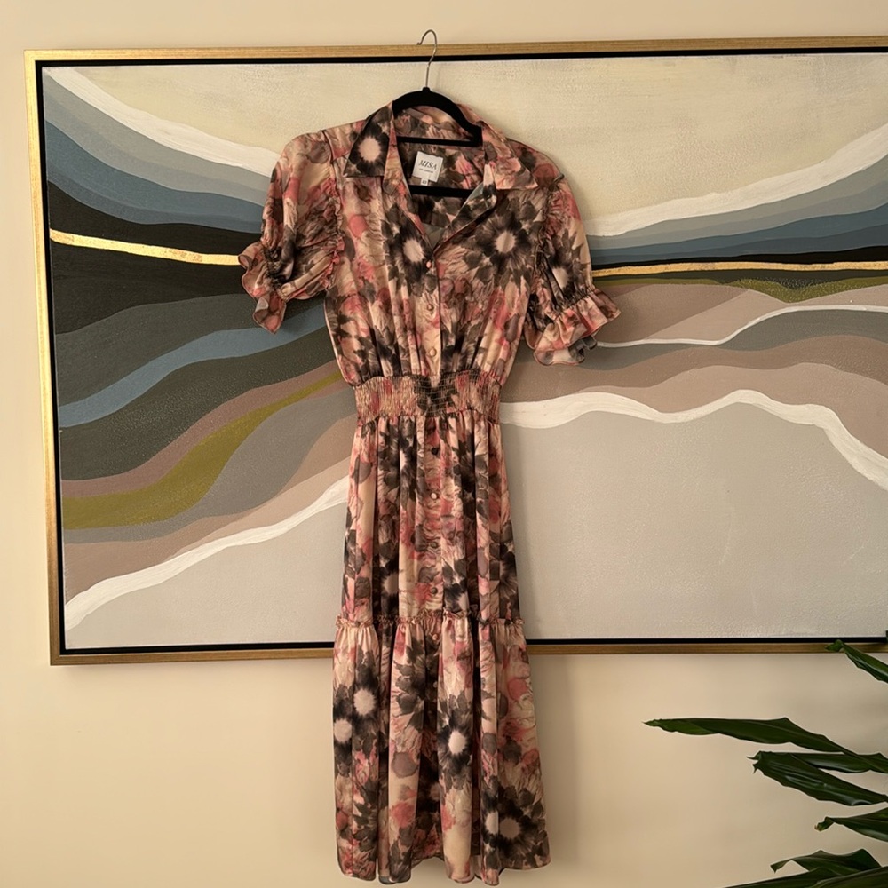 Miss Los Angeles, satin printed midi dress with buttons and banded waist